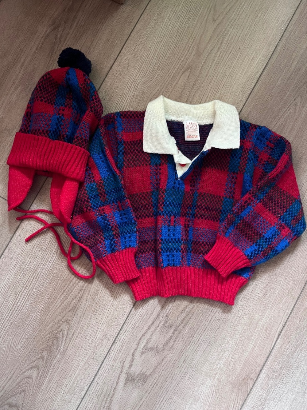 Red & Blue Plaid  Knit Sweater and Ear Flap Hat Infant Large 24-28 lbs.
